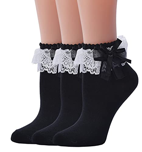 Image of Women Ruffle Socks, Double Layer Lace Butterfly Cute Frilly Girl Princess Cotton Ankle Socks