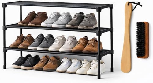 3-Tier Stackable Shoe Rack Organizer with Handle & Cleaning Brush, Adjustable Metal Shoe Shelf for Closet, Entryway, Bedroom & Hallway, No Tool Assembly, Durable Black Metal.