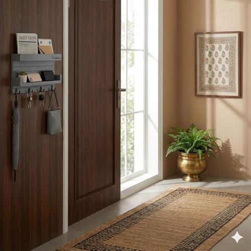 Image of Key Holder for Wall Decorative, Wooden Key Rack Mail Sorter Organizer, Double Shelf Key Hanger Mail Key Organizer, Rustic Home Decor for Entryway Hallway (Grey)