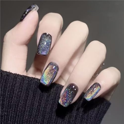 evpct Black Chrome Metallic Cat Eye Press on Nails Square Medium, Stick on Nails Medium Length Square for Women, Black Metallic Nail press ons, Iridescent Glitter Halloween Acrylic Fake Press on Nail
