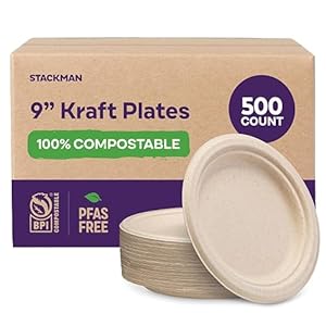 100% Compostable Paper Plates 9 Inch [500 Count] Heavy-Duty Dinner Plates – Natural Brown Color Unbleached Bagasse – Eco-Friendly Disposable Biodegradable Sugarcane Plates – [Bulk Case 4/125 Pack]
