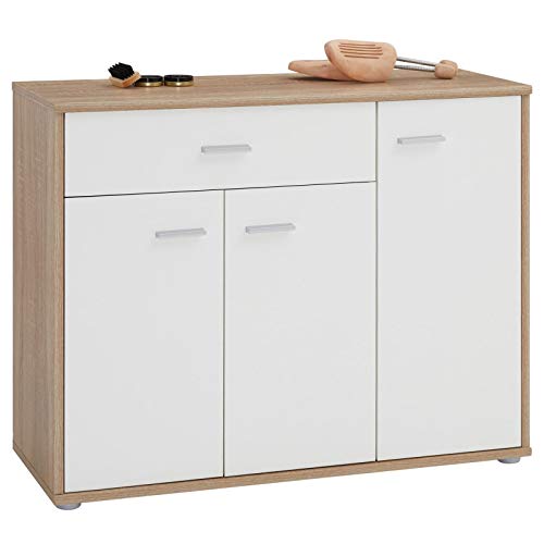 IDIMEX Meuble à Chaussures Camille, Commode Meuble de Rangement avec 1 tiroir et 3 Portes avec 7 tablettes intérieures, en mélaminé décor chêne Sonoma et Blanc Mat