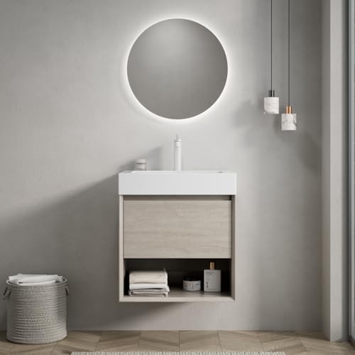 ZHOMGG Mueble de baño de pared con lavabo integrado, mueble de almacenamiento, cómoda de almacenamiento con cierre suave, fregadero de resina mineral, color blanco (55 cm)