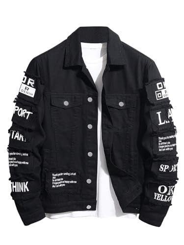SOLY HUX Men's Denim Jacket Letter Graphic Button Down Flap Pocket Long Sleeve Streetwear Jacket
