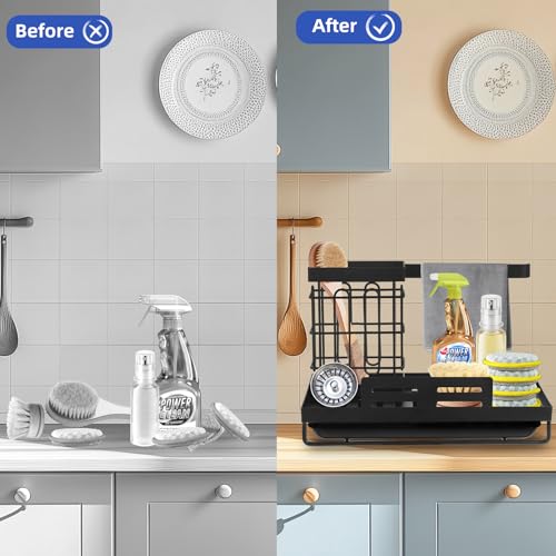 Simup Sink Caddy Sponge Holder for Kitchen,Sink Storage Rack,Dish Cloth Rack,Detachable Brush Holder with Removable Drip Tray for Countertop,Black - Image 4