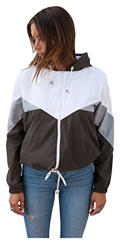 Blouson Damen Übergangsjacke Windbreaker Jacke Kapuzenjacke Colorblock (L, Khaki)