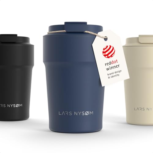 Image of LARS NYSOM Thermo Coffee Mug to go 13oz | Travel Mug 0.38 Liter with Insulation | Silicone grip base | Leak Proof Stainless Steel Tumbler for Coffee and Tea on the Go (Powder Midnight Blue, 13oz)
