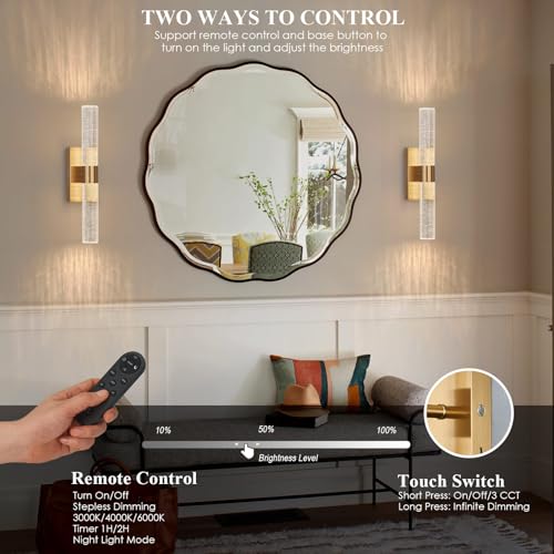 Image of Crystal Battery Operated Wall Sconce, Gold, Set of 2 | Wireless Rechargeable, Remote Control, 3000-6000K, 350 Rotate LED Dimmable, Cordless