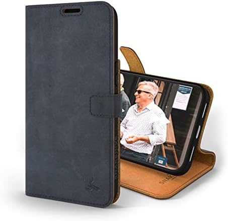 Snakehive iPhone 14 Pro Leather Case | Genuine Leather Wallet Phone Case with Card Holder | Flip Folio Case/Cover with Stand | Compatible with iPhone 14 Pro | (Navy)