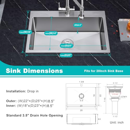 TSIBOMU 25-inch Stainless Steel Kitchen Sink Drop in, Single Bowl Single Faucet Hole Handmade Topmount Kitchen Sink, 25" x 22" x 9" by TSIBOMU - Image 3