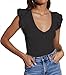Ezbelle Women's Deep V Neck Ruffle Sleeve Shirts Summer Ribbed Knit Slim Fitted Tops Casual Tight TshirtTrendy Clothes Black,M