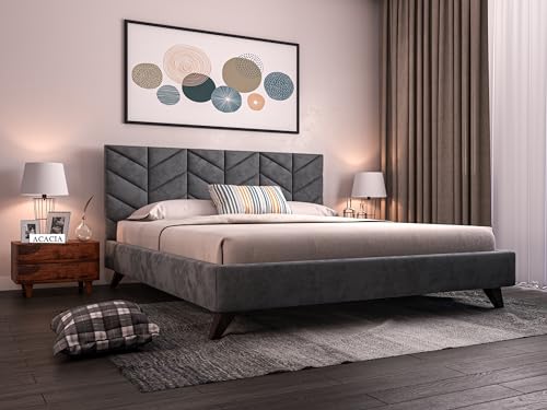 Image of Acacia Modern Upholstered King Size Bed for Bedroom | Wooden Double Bed | Platform Cot Bed with Upholstery Premium Fabric | 6.5 x 6 Ft | Sheesham Solid Wood | Brown, Smoke Grey