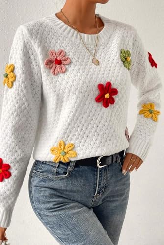 Women's White Colorful Flower Applique Textured Knit Sweater4