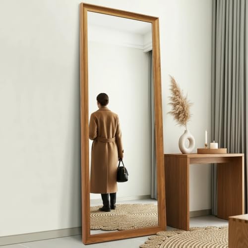 Image of APRODZ Full Length Mirror with Wooden Frame | 65x22 Inch Floor Standing Full Body Mirror | HD Large Dressing Mirror with Stand & Wall Hanging Option for Bedroom, Living Room & Studio
