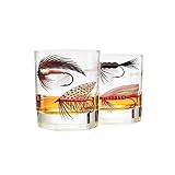 Greenline Goods – Fly Fishing Glass Set for Fisherman and Outdoorsman – Fly Lures Themed 10 oz Whiskey Drinking Glass Set of 2