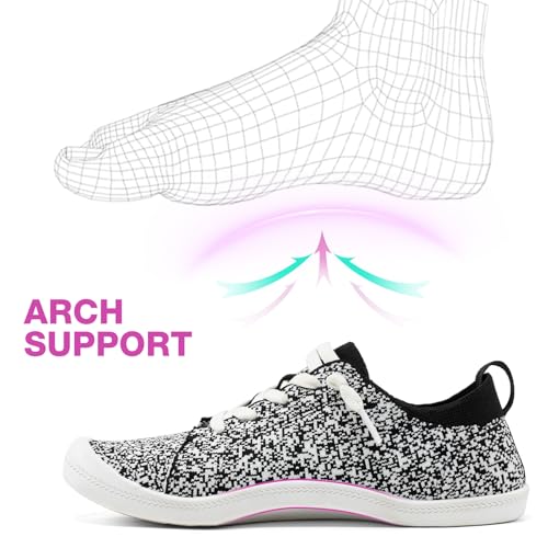 Image of Women's Barefoot Slip-On Sneakers, Slightly Roomy Toe Box, Arch Support Breathable Mesh Walking Loafers with No-Tie Elastic Laces, Non-Slip for All-Day Wear | Size Up Half Size for Wide Feet & High Instep