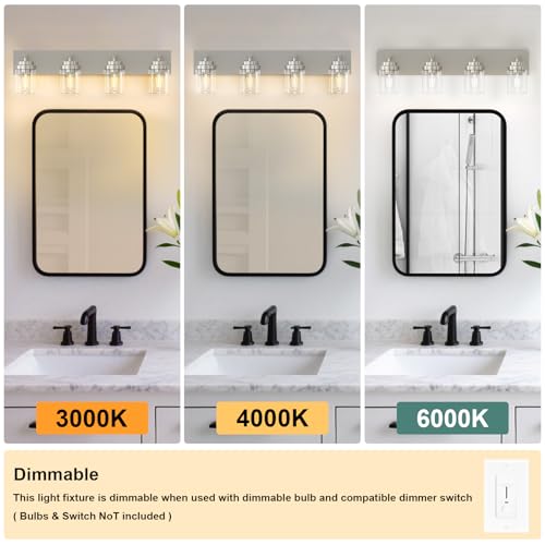 Image of IZORRO Bathroom Vanity Light Fixture, 4-Light 30 Inch Brushed Nickel Bathroom Light Fixtures Over Mirror, with Clear Glass Shade, Modern Farmhouse Vanity Lights, Rustic Restroom Lighting Fixtures