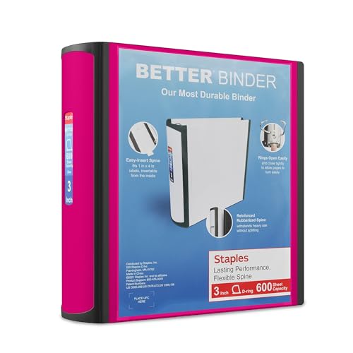 Staples 3-inch 3-Ring Better Binder, Pink, 2/Pack...
