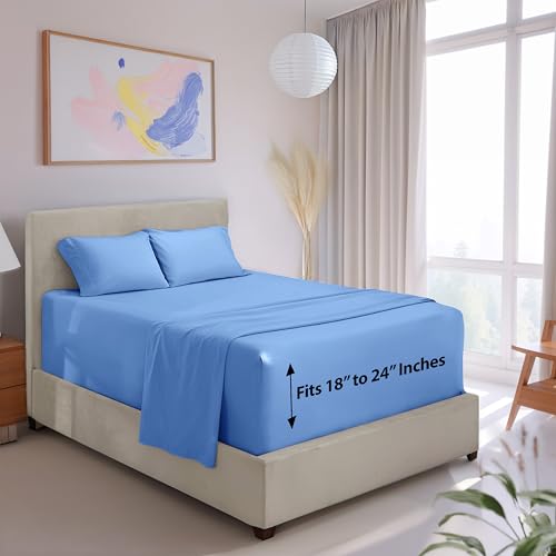 Image of Hearth & Harbor Extra Deep Pocket Queen Size Sheet Set - 4 Piece Ultra Soft & Breathable Bed Sheets Set - Fits Up to 24 inch Mattress - Hotel Luxury Bed Sheet Set, Calm Blue