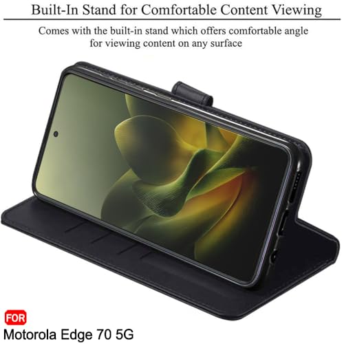 Image of TheGiftKart Flip Cover Back Case for Motorola Moto Edge 70 5G | Genuine Leather Finish | Designer Button | Inbuilt Pockets & Stand | Wallet Style Flip Case Cover for Moto Edge 70 (Faux Leather, Black)