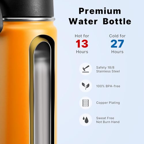 Image of koodee Water Bottle with Straw-12 oz Stainless Steel Double Wall Vacuum Insulated Wide Mouth Flask Metal Sports Water Bottle BPA Free (Mango Yellow)