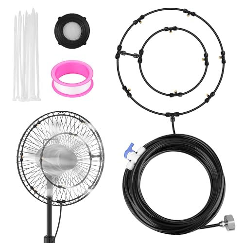 Solaradgy Kit de nebulización de ventilador para refrigeración al aire libre, manguera de nebulización de 27 pies con 8 boquillas de latón para refrigeración para patio, camping, barbacoa, piscina y