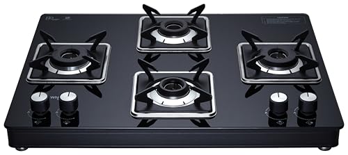 Image of Whirlpool 70cm 4 Burner Auto Ignition Gas Stove | SABAF Brass Burners & Valves | 8mm Thick Toughened Black Glass | 10-Year Burner & Valve and 5-Year Glass Warranty | GRANDIOSA ULTRA LOTUS 704 CT AI BR