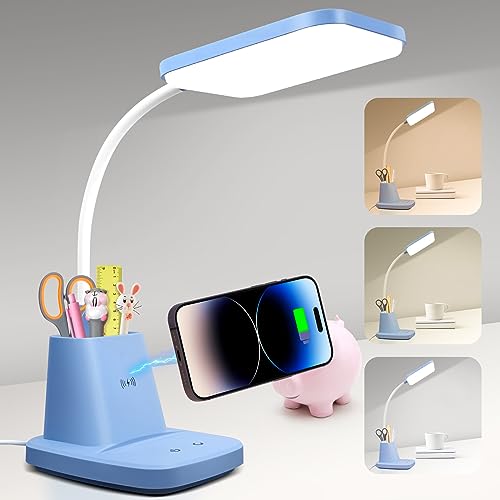 Sailstar Small Desk Lamp, Blue Desk Lamp with Pen Holder, Wireless Charger LED Desk Lamps for Home Office, 800LM Gooseneck 3 Modes Dimmable Touch Cute Desk Lamps, Study Lamps for College Dorm Room