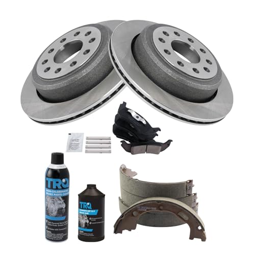 Image of TRQ Rear Brake Pad & Rotor Kit, with Chemical Kit Parking Brake Shoe Set Ceramic Compatible with 2005-2011 Lincoln Town Car