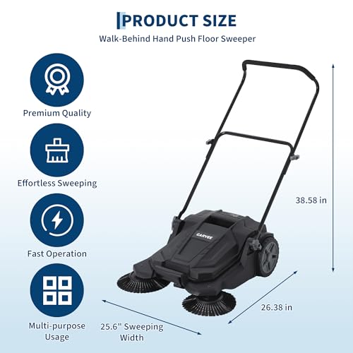 Image of Walk-Behind Outdoor Hand Push Floor Sweeper, 25.6 Inch Wide Manual Non-Electric Sweeper with 5.25 Gallon Waste Bin, Adjustable Folding Handle Heavy Duty Yard Sweeper for Garage Patio Walkway Driveway