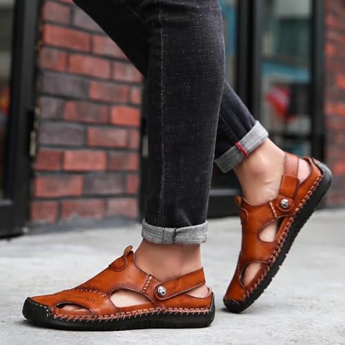 NANXIN&LOVE Mens Casual Leather Sandals Summer Beach Slipper Mens Comfort Outdoor Shoes Fashion Lightweight Trail Water Sandal Adjustable (Two Ways) 5
