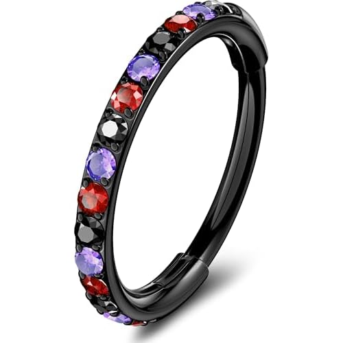 OUFER Black Nose Rings Hoops, 316L Surgical Steel Nose Ring for Women, 20G Hinged Colorful CZ Helix Piercing Jewelry, Lip Rings Cartilage Conch Rook Tragus Daith Earrings 5mm/6mm/7mm/8mm/9mm