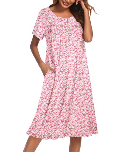 Ekouaer Nightgowns for Women with Pockets Button Front Short Sleeve House Dresses Floral Print Mumu Dress, Pink Flower, Large