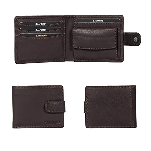 Image of Calfnero Men's Genuine Leather Bifold Wallet-Multiple Card Slots ID Window with Coin Pocket- Leather Wallet (Brown)