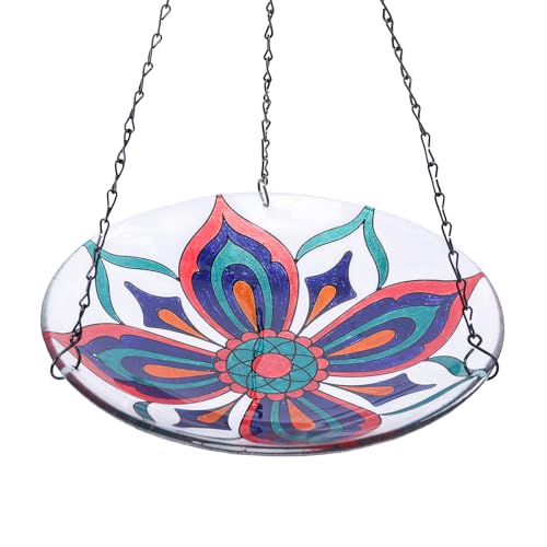 MUMTOP Hanging Bird Baths for Outdoors - Glass Bird Bath, 11 Inch Hanging Bird Bath Bird Feeder Bowl for Outside, Garden, Lawn Yard Decor (Colorful Kaleidoscope)