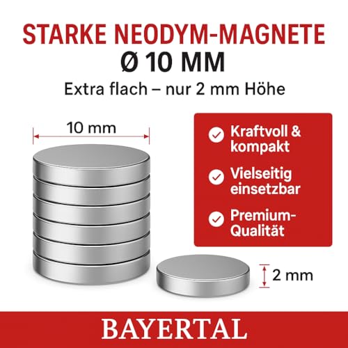 Bayertal® Neodym Magnete 10x2mm – 60 Stück, N52 Extra Stark – Mini Magnete für Magnettafel, Whiteboard, Kühlschrank, Büro, Werkstatt & Haushalt – Haftet auch ohne Metall