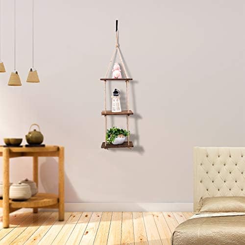 MAHATO Wall Decor Floating Shelves - Swing Rope Hanging 3-Layer Rustic Wooden Racks for Living Room, Bathroom, Bedroom, Office, and Kitchen with Heavy Duty Metal Hook.