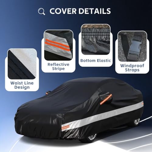 Holthly 10 Schichten Autoabdeckung 100% Wasserdicht Vollgarage Abdeckplane Auto Garage Staubdicht Wasserdicht Autohülle Autoplane Winter & Sommer für Audi A4 A5, BMW 3er Limousine usw. Schwarz C7