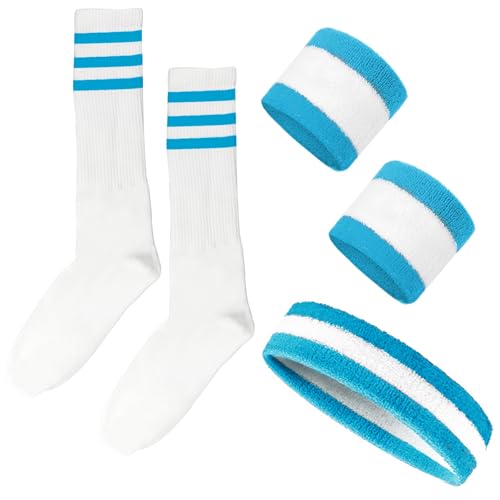 Juego de 5 bandas de sudor y calcetines a rayas de los años 80, bandas de sudor de los años 90, bandas de sudor para hombres y mujeres, diademas deportivas (azul)