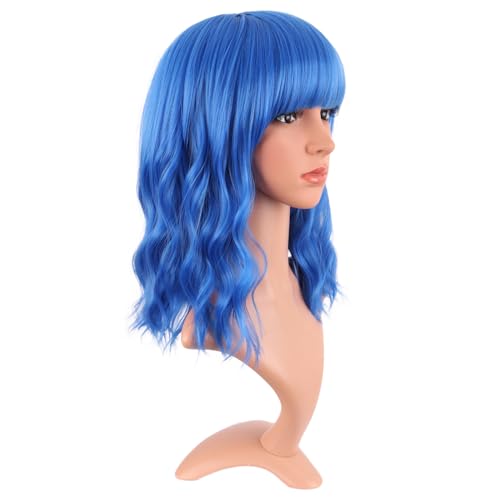 Image of MapofBeauty 14 Inch /35 cm Short Wavy Curly Women Fresh Bright Synthetic Ordinary Flat Bangs Bob Wig (Blue)