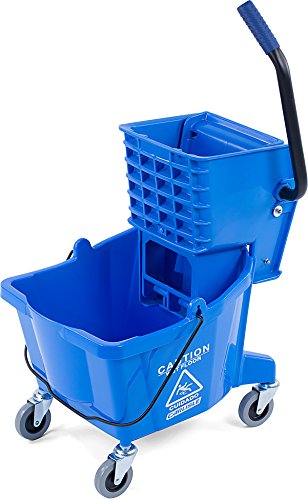 Carlisle FoodService Products 26-Quart Commercial Mop Bucket with Side-Press Wringer, Precision-Molded Polypropylene, Durable Wringer, Bucket with Non-Marking Casters, 18.5 x 16.5 x 23 Inches, Blue