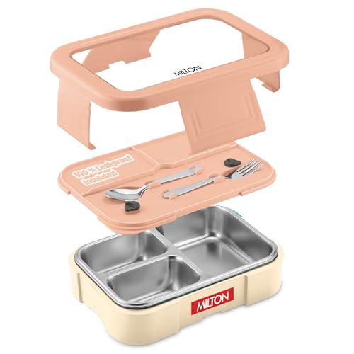 Image of MILTON Ethan 3 Inner Stainless Steel Tiffin Box for School, 3 Partition, Steam Release Plug | PU Insulated, Leak-Proof, Food Grade I Lunch Box for Kids Boys, Girls with Snap Lock Lid, 600 ml, Ivory