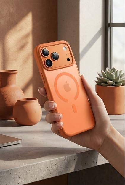 Image of Elzzi Magnetic Magsafe for iPhone 17 Pro Max Case (Compatible with MagSafe) Slim Translucent Matte Shockproof with Anti-Fingerprint Phone Case, Cosmic Orange
