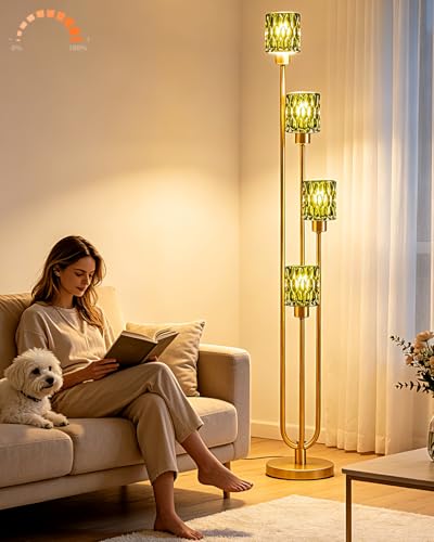 Image of Lightdot 4-Lights Glass Floor Lamp Dimmable Gold Floor Lamps with Green Glass Shade 3000K Bulbs Included Unique Modern Standing Tall Lamp with 5Lbs Heavy Base for Living Room /Bedroom /Sofa Beside