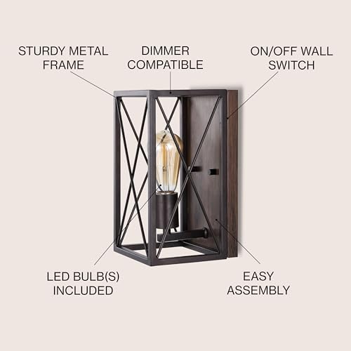 Image of JONATHAN Y 6 inch Oil Rubbed Bronze /Wood Finish 1-Light Iron Sconce, Farmhouse Rustic X-Frame Wall Lantern for Bathroom Hallway Entryway, Modern Industrial Lamp, LED Bulb Included JYL1310A