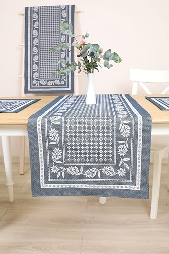 Deko Tischläufer Frühling Sommer Abwaschbar Stoff 140x45 cm, 100prozent Jacquard Gobelin, Table Runner, Läufer Tisch für Esszimmer, Geburtstag, Bauernhaus, Küche, Tischdekoration – Blaue Gänseblümchen