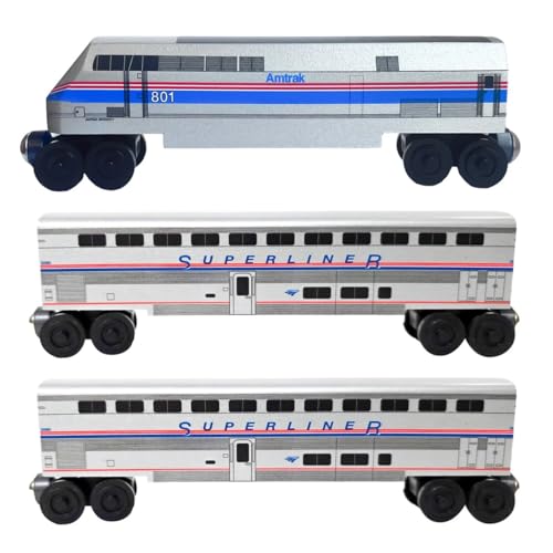 Whittle Shortline Railroad Amtrak P42 Genesis Phase IV Superliner Wooden Train Set 3 Piece Engine and Coaches Handcrafted in USA Compatible with Major Railway Systems Hardwood