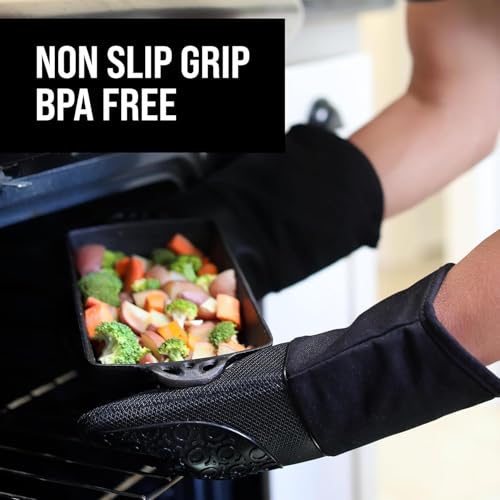 Image of BPA-Free Silicone Oven Mitts Ultra Heat Resistant up to 500F - Oven Mitts with Thick Cotton Liner - Long Slip Resistant Pot Holders, Flexible Oven Gloves - Black 13.7 inch