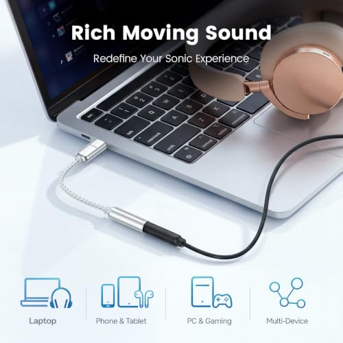 VUM USB-C à 3.5mm Casque Jack Hi-Res DAC & AMP Adaptateur audio double puce 32 Bit/384kHz DAC,CX31993&MAX97220 Chipset,8N OCC Câble plaqué argent,24K Connecteur plaqué or,TTRS HD Mic Entrée prise en charge