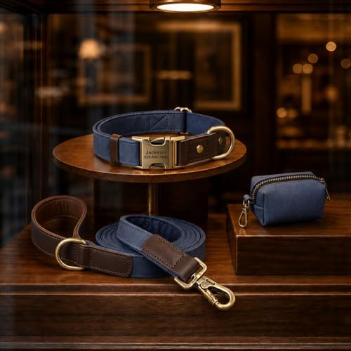 Image of Personalized PU Leather Dog Collars, Quick Release Buckle,Blue,XL